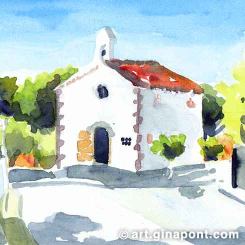 Gina Pont watercolor art print of Sant Sebastià Chapel done in the morning meeting with Dibuixem Maresme. It shows the entrance of the church of Cabrera de Mar located near the cemetery.