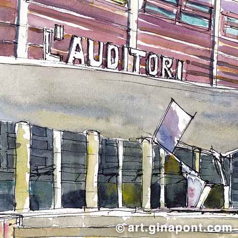 Gina Pont watercolor art print of Auditorium of Barcelona done with Inky Fingers. In the same musical complex, there are the centres of Barcelona Symphony Orchestra and the National Orchestra of Catalonia.