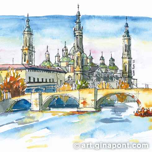 Gina Pont art print of Pilarica. It shows the Cathedral Basilica of Our Lady of the Pillar, a Roman Catholic church in the city of Zaragoza, Aragon.