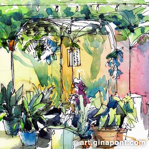 Barcelona postcard: Testing watercolors of Phoenix arts on absorb canvas pad. I illustrated the Silent Garden, a peaceful urban garden in Gràcia.