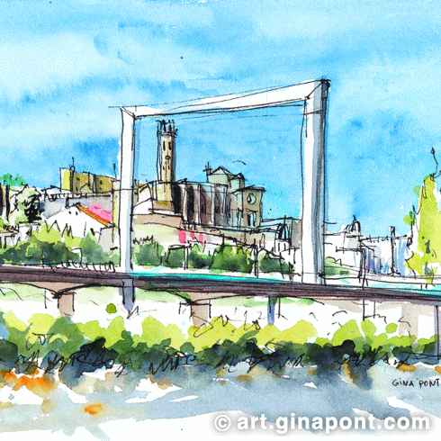 Watercolor and rotring Gina Pont urban sketch of Segre River, Lleida. It shows the bridge of the river with La Seu Vella on the background.