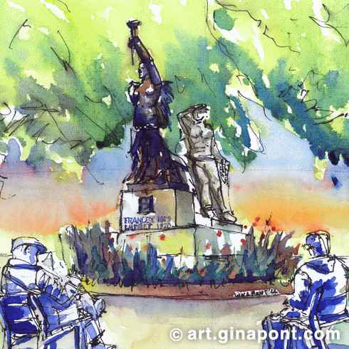 Gina Pont watercolor art print of the sculpture honored to Francesc Layret located in Goya Square.