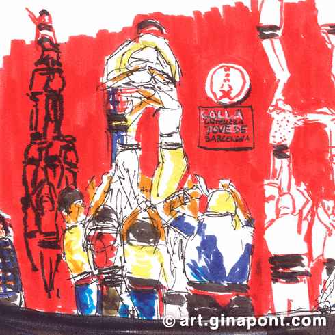 Gina Pont watercolor art print of the training of catalan human towers. It shows the Colla Castellera Jove de Barcelona in Sant Andreu, done during a Urban Sketchers Barcelona event.