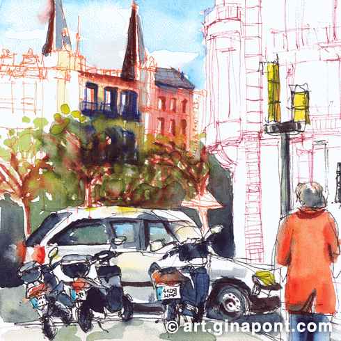 Gina Pont watercolor art print of Gran Via de les Corts Catalanes. It shows the usual traffic jam with the modernist facades on the background.