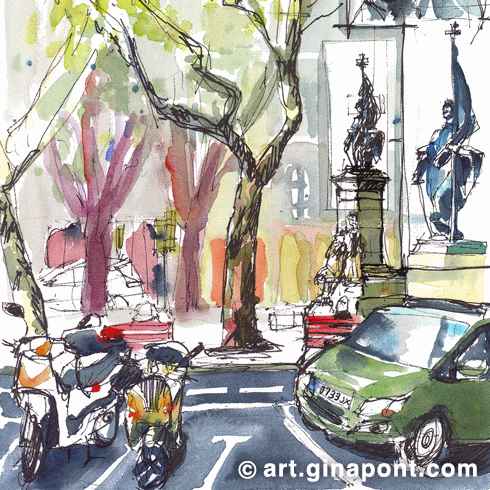 Gina Pont watercolor art print of Rafael Casanova monument, which would become the point of reference of the events of the National Day of Catalonia.