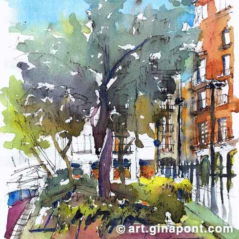 Ilustración en acuarela de Gina Pont sobre lienzo de algodón de un parque de Barcelona. Muestra árboles pintados con una gran paleta de colores degradados.