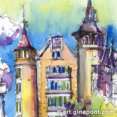 Ilustración en acuarela de Gina Pont sobre lienzo de algodón de la Casa de les Punxes, edificio con torres en Barcelona. Es un icono del modernismo catalán.