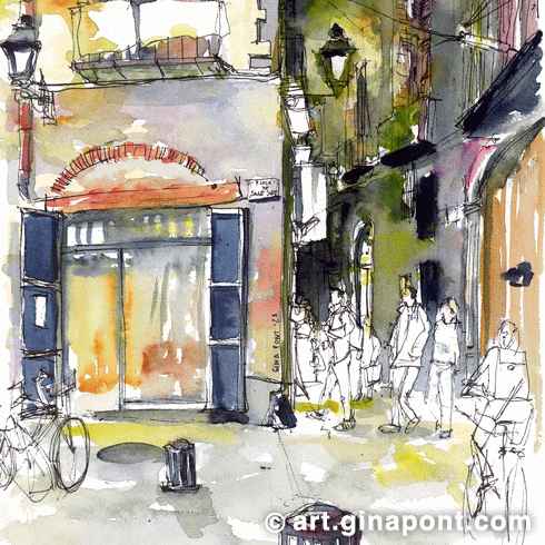 Ilustración en tinta y acuarela de Gina Pont de la Plaza de Sant Just en el Barrio Gótico. Muestra la intersección de dos calles estrechas por la noche.