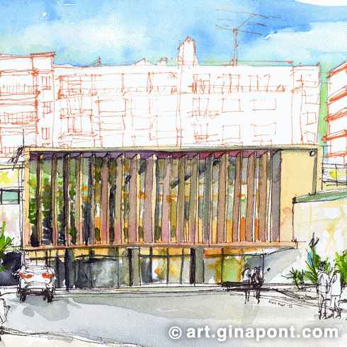 Gina Pont ink and watercolor illustration of the old headquarters of the Gustavo Gili editorial.