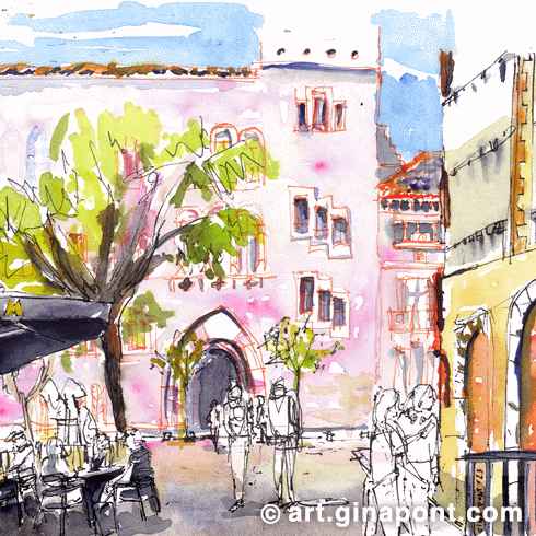 Ilustración en acuarela de Gina Pont de la Plaza Ocho de Marzo. Muestra una terraza a la izquierda y el acueducto de Barcino a la derecha.