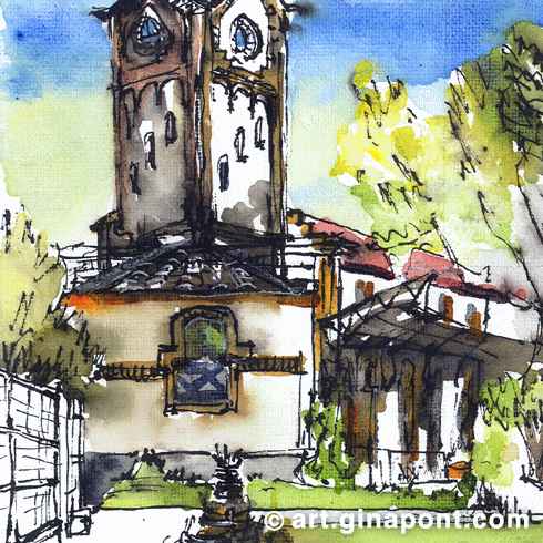 Gina Pont watercolor illustration of the secret garden behind the Civic Center Magoria Station.