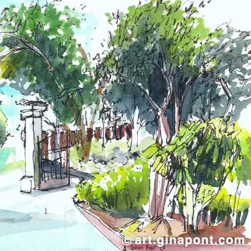 Gina Pont watercolor illustration of a Sant Gervasi garden. It was the first time I painted with a fountain pen, so the drawing stroke is desigual.