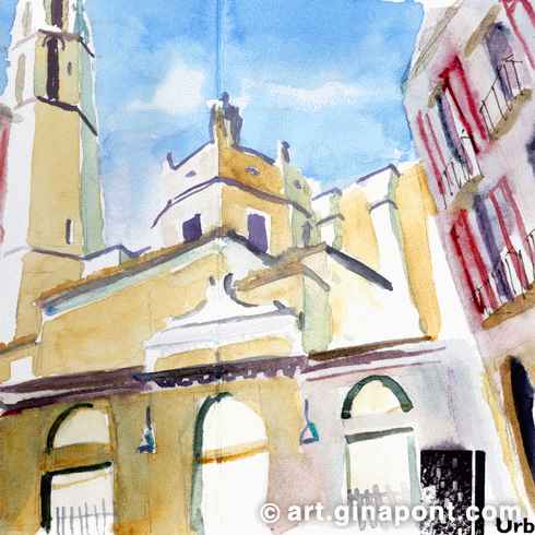 Gina Pont watercolor's illustration of Priory church of Sant Pere in Reus. It was done with pencil and watercolor, without ink.