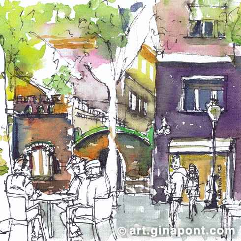 Gina Pont watercolor art print of local shops in Rogent Street in El Clot.