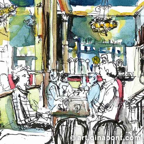 Ilustración en acuarela de Gina Pont del Bar Velodromo. Es un bar icónico e histórico, restaurado por la cervecería Moritz que conserva su interior art-déco original.