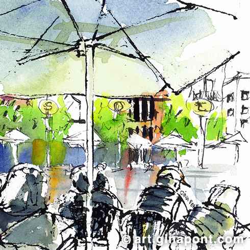 Gina Pont watercolor illustration of Sol square, a mitic meeting place in Gracia district, Barcelona. It show a rainy day with wet pavement represented with thick painted strokes.
