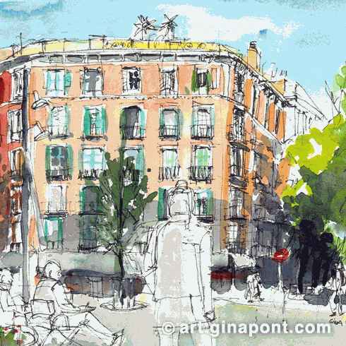 Ilustración en acuarela de Gina Pont de la plaza del Sol, un mítico lugar de encuentro en el barrio de Gracia, Barcelona. Muestra un día lluvioso con pavimento mojado representado con gruesos trazos pintados.