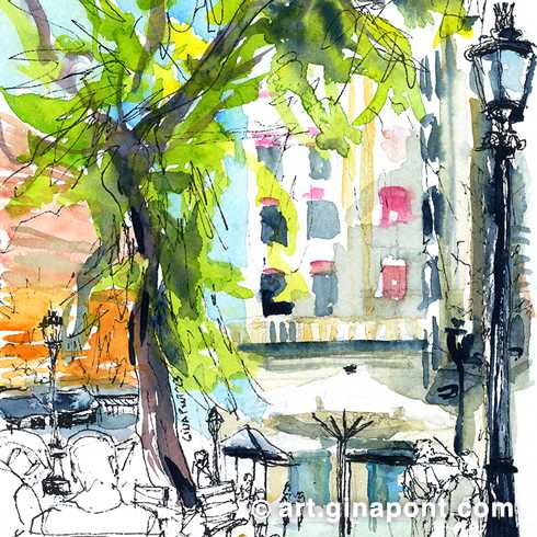 Ilustración en acuarela de Gina Pont de la Plaza de Narcís Oller ubicada en el barrio de Gràcia, Barcelona. El dibujo muestra a personas sentadas en los bancos y un bar con parasoles de fondo.