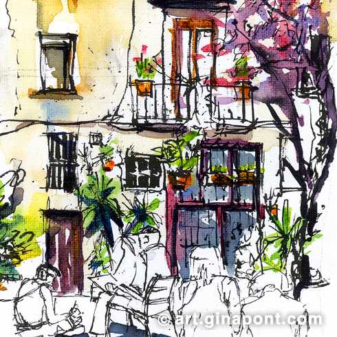 Ilustración en acuarela de Gina Pont de una fachada de la calle Allada-Vermell en Barcelona. Utilicé pluma estilográfica Duke y materiales de arte Phoneix.