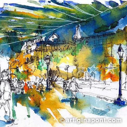 Urban watercolor sketch of downtown Barcelona. The drawing, made on canvas, captures at night the Christmas lights and its mix of colors.