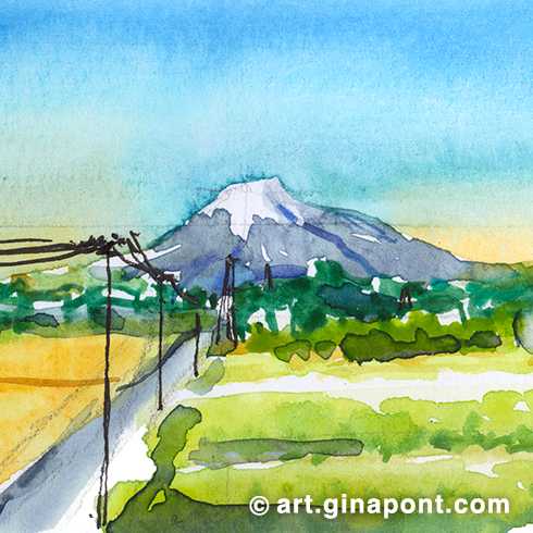 Watercolor illustration by Gina Pont of a view from the Tokyo-Tokyo Shinkansen of Mount Fuji, Japan. It is a watercolor drawing of the Japanese mountain.