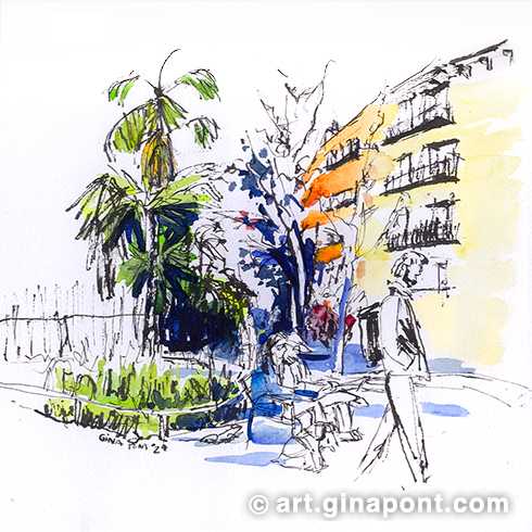 Watercolor illustration by Gina Pont of the pacified zone of Enric Granados with Consell de Cent. The drawing shows the new urban plan of Barcelona. The citizens are drawn with the Sailor 55° pen.