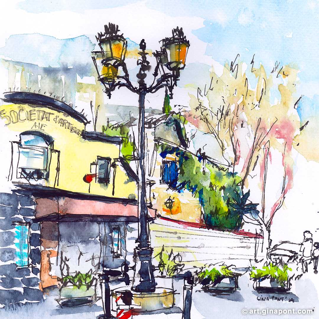 Watercolor illustration by Gina Pont of Iberia street located in the neighborhood of Sants, Barcelona. The drawing shows a modernist street lamp in the middle and the facade of the Society of artists AIE.