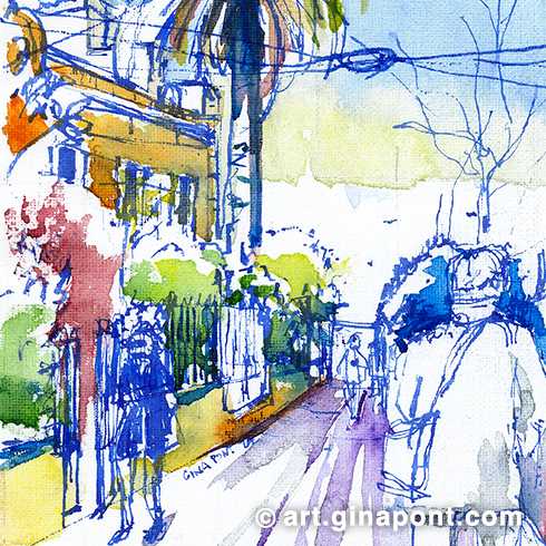 Ilustración en acuarela de Gina Pont del Pasaje de Sant Felip, un callejón con encanto de Sant Gervasi. Se pueden ver casas con pequeños jardines con plantas y una palmera alta.
