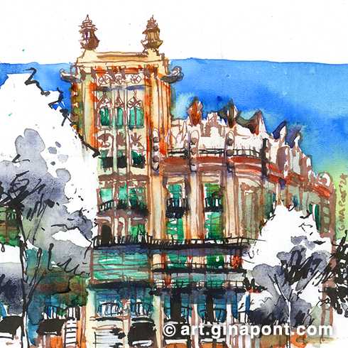 Urban watercolor sketch of Casa Ferran Guardiola, also known as The Chinese House. Using two fountain pens - the Sailor and the DUKE - the drawing shows its architectural style, a mixture of art deco with late modernism and orientalized decorations. It was designed by Joan Guardiola and built in 1929.