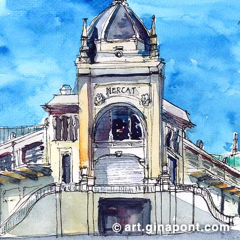 Watercolor illustration by Gina Pont of the Central Market of Sabadell, designed between 1927 and 1930 by local architect Josep Renom i Costa, which encompasses the 