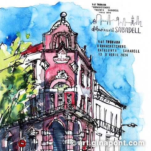 Watercolor illustration by Gina Pont of the Hotel Suizo in Sabadell, located in front of the old railroad station. It is one of the buildings that exemplifies most clearly the passage of modernism in the city of Sabadell. Made during the morning of the annual meeting organized by USK Catalunya.