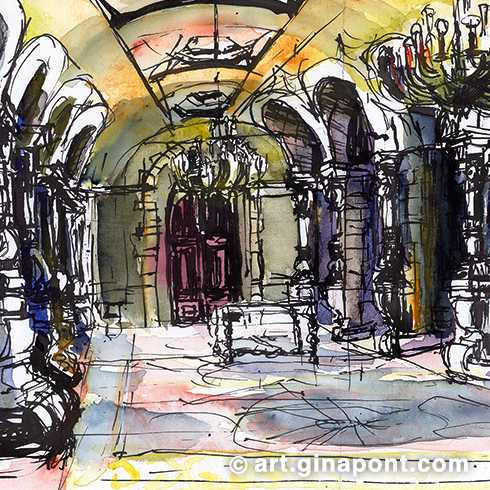 Sketch drawn in situ in ink and later painted in watercolor of the Salón Rosa or Sala de los pasos perdidos (Lost Steps Room). Together with the Salón Gris they are the two rooms adjacent to the Hall of Sessions of the Parliament.