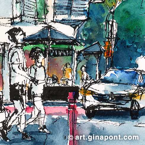 Urban sketch drawn in situ in ink and watercolor of the daily life in Girona street. We see two people jogging while a white car waits at the traffic light. In this drawing, I test the new watercolors of the brand MaimeriBlu.