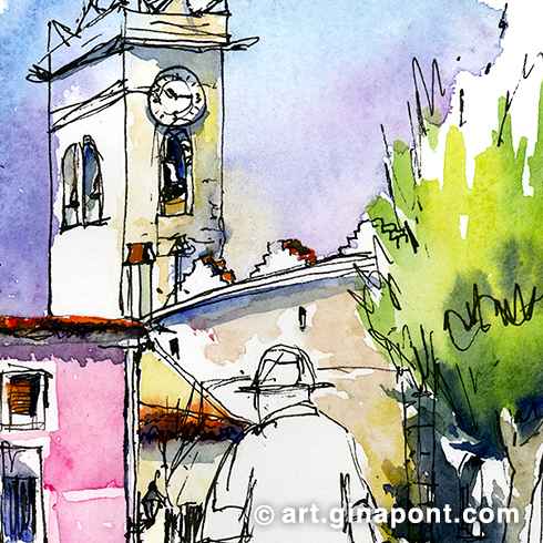 Drawing in ink and watercolor made live during the 1st Meeting of drawing and fast painting of the Festa Major d'Alella. We see the square crowded by 