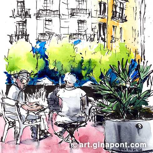 Urban sketch drawn in situ in ink and watercolor portraying the Inky Fingers practicing urban sketching. In this sketch, I tried to use blue between the trees to highlight them more.