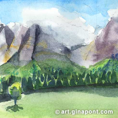 Rural drawing in watercolor and rotring of the Natural Park Cadí-Moixeró. It shows the nature, the calm and the vegetation of the mountains during my summer vacations. In addition, this is a challenge since in 2021 I made another drawing with these same views but varying a little the style.