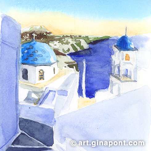 Watercolor drawing of Imerovigli, made during the trip to the Greek Islands. It shows the churches of Cycladic architectural style.