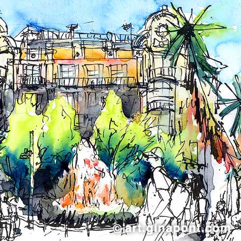 Urban sketch in watercolor of the pacified zone of Enric Granados with Consell de Cent. It was a great afternoon as we joined the Inky Fingers with the Urban Sketchers Barcelona. The drawing shows the new urban plan of Barcelona with lots of vegetation. Also, it was the second time I drew in the park but varying the view.