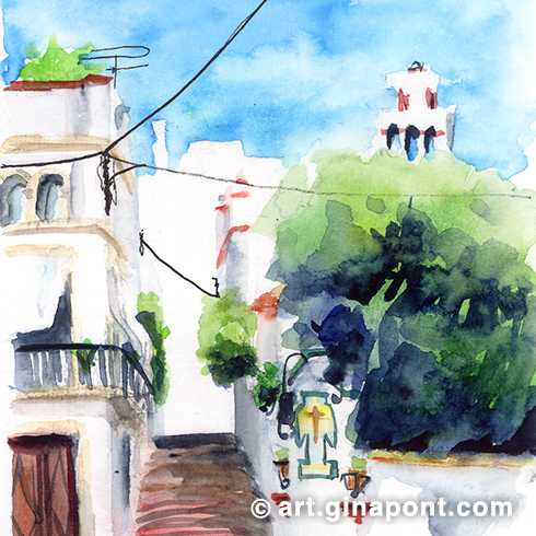 Watercolor sketch made during the 16th Fira Modernista de Canet de Mar. The drawing represents the 40 most famous steps of the village. Located very close to the parish church, they separate it from the old fishermen's quarter. 40 steps because Christ was tempted for 40 days and 40 nights by the devil after his resurrection.