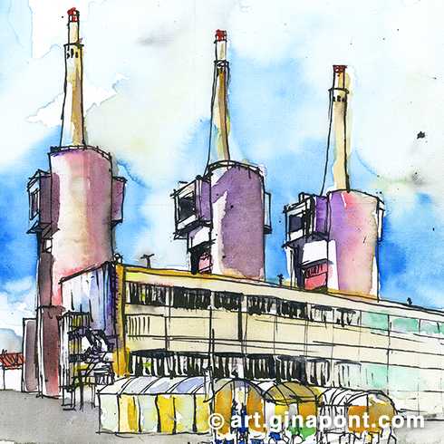 Taking advantage of the fact that Manifesta 15, the European Nomad Biennial, opened the site of the San Adrián thermal power plant, I drew “Les tres xemeneies” very closely. In the drawing stands out its architecture under an imposing sky.