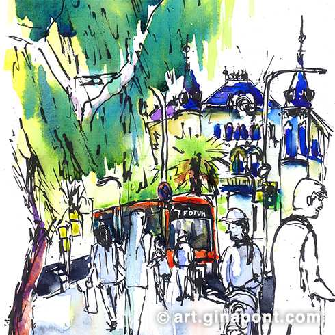 Urban sketch in watercolor of a Friday afternoon in Avenida Diagonal with Balmes street. In the drawing we see passers-by walking in all directions and the bus number 7 with destination Fòrum de Barcelona.