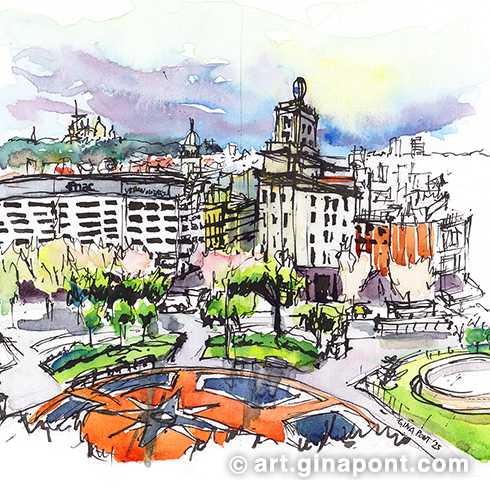 Aprovechando que llovía, un grupo de sketchers decidimos dibujar desde la cafetería de la última planta del Corte Inglés. El resultado es una panorámica de Plaça Catalunya con edificios comerciales como FNAC.