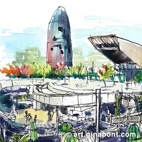 After many years of renovation, on April 26th the Glòries park was inaugurated. I took the opportunity to draw live its new cactus-filled amphitheater, which leads to the entrance to the metro, and this was the result.