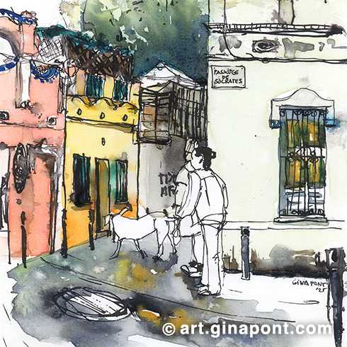 Pasaje de Sócrates, Sant Andreu, Barcelona (desde 10€) Pocas veces dibujo en Sant Andreu, y justo el día que fui empezó a llover. Aun así, sentí curiosidad por ver cómo quedaría la tinta y acuarela bajo el agua y ¡me encantó el resultado!. Aún se pueden ver las gotas secas.