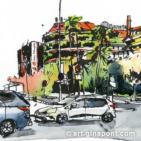 An urban sketch drawn live in ink and watercolor. As a curiosity, it is notable for housing Europe’s first vertical garden, designed in the 1970s to function as a natural thermal regulator. It currently belongs to Amancio Ortega.
