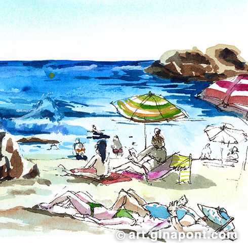 An ink and watercolor drawing of Cala Belladona from my vacation on the Costa Brava. I'm trying to capture the atmosphere of the beach; swimmers in the water and people sunbathing.