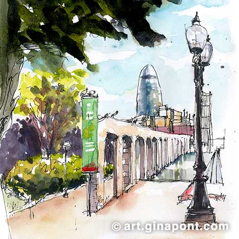 Urban sketch of the park's aqueduct, built using the remains of the facade of the workshops at the former RENFE station (operated until 1972), which was located on this site.